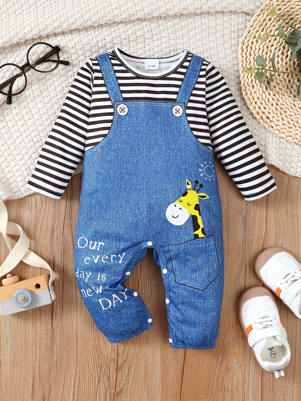 Baby's Cartoon Imitation Denim Jumpsuit – Long Sleeve Romper, Casual Style (Toddler & Infant Boy's Outdoor Clothing)