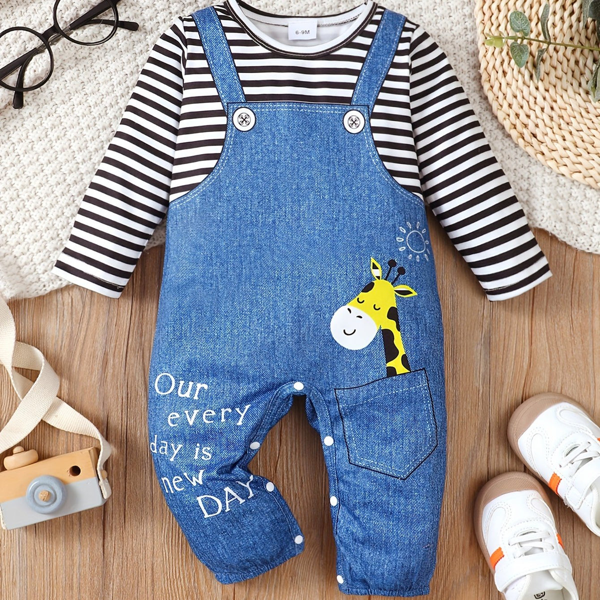 Baby's Cartoon Imitation Denim Jumpsuit – Long Sleeve Romper, Casual Style (Toddler & Infant Boy's Outdoor Clothing)