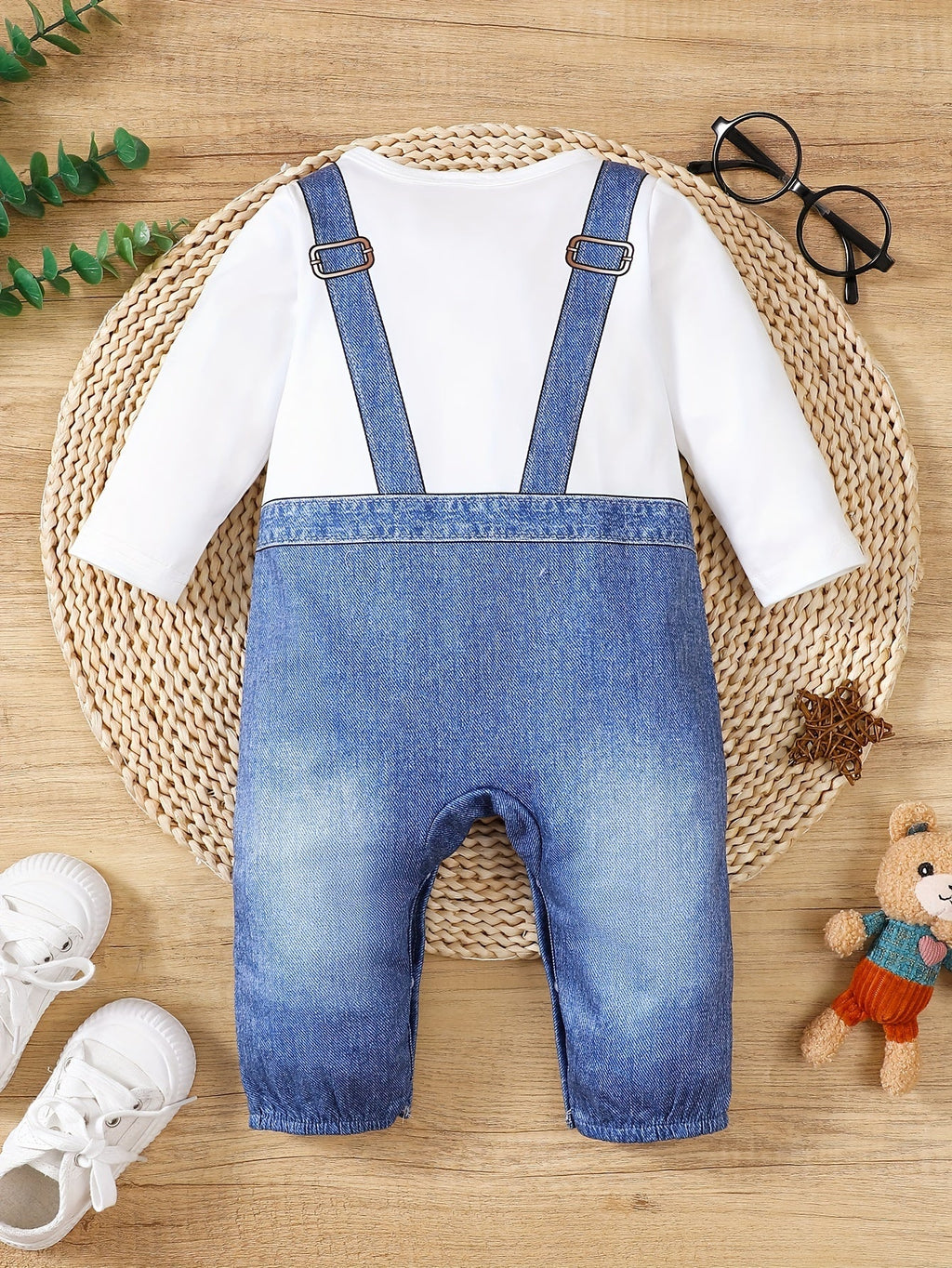Baby's Cartoon Imitation Denim Jumpsuit – Long Sleeve Romper, Casual Style (Toddler & Infant Boy's Outdoor Clothing)