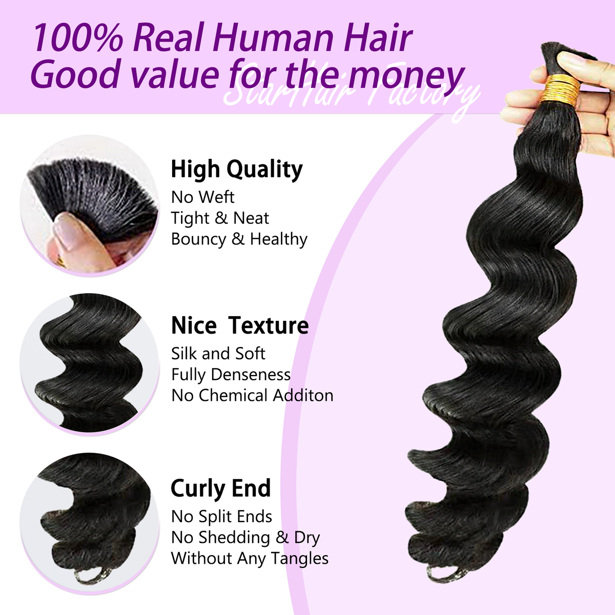 StariaHair 14-20 Inch Loose Wave Bulk Hair for Braiding #1B