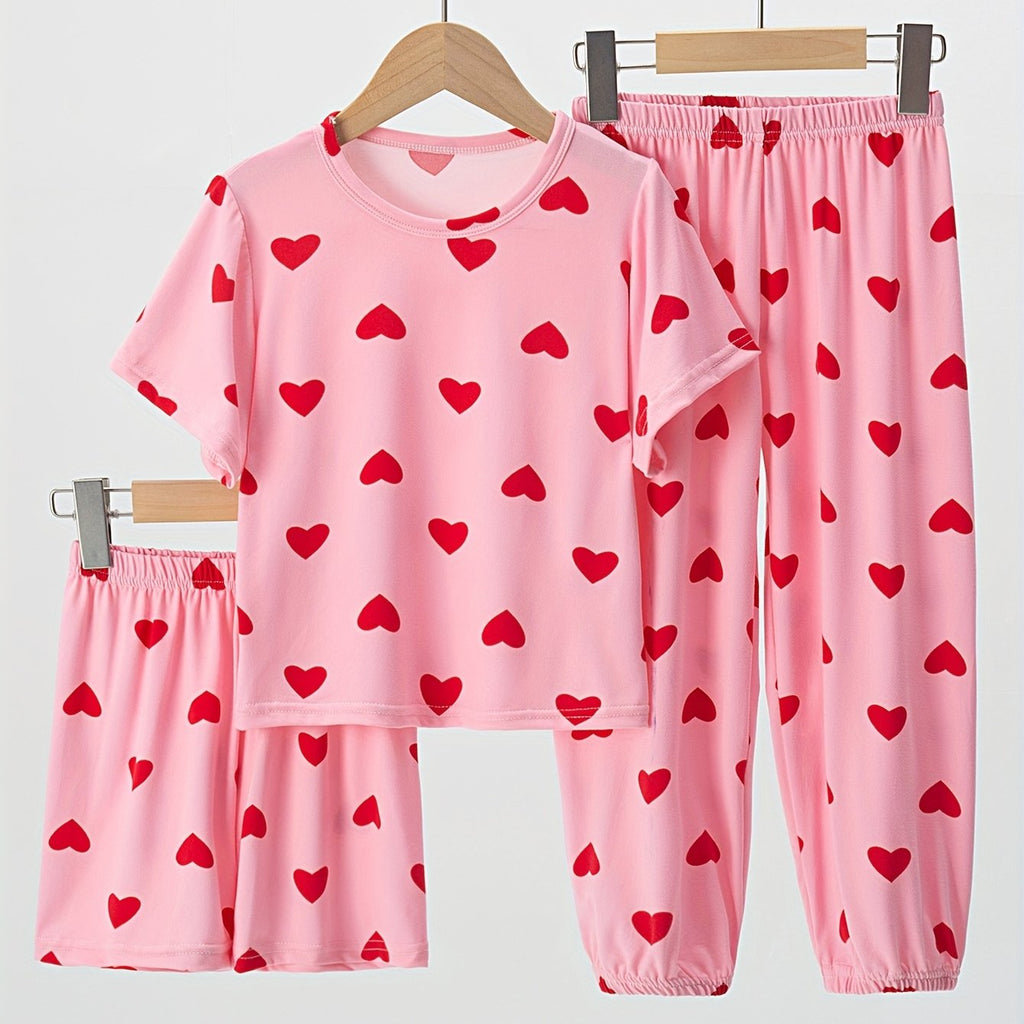 3-Piece Girls' Flame-Resistant Pajama Set — Pink Heart Print Short Sleeve Top + Shorts + Long Pants, Loose-Fit Lightweight Breathable Sleepwear for Kids Ages 4-13