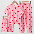3-Piece Girls' Flame-Resistant Pajama Set — Pink Heart Print Short Sleeve Top + Shorts + Long Pants, Loose-Fit Lightweight Breathable Sleepwear for Kids Ages 4-13