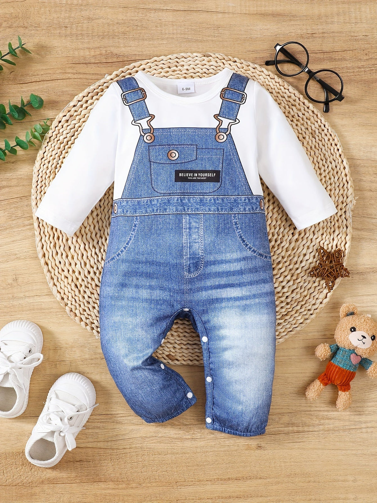 Baby's Cartoon Imitation Denim Jumpsuit – Long Sleeve Romper, Casual Style (Toddler & Infant Boy's Outdoor Clothing)