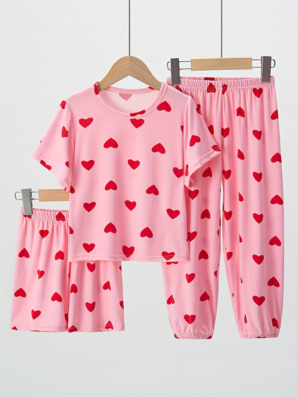 3-Piece Girls' Flame-Resistant Pajama Set — Pink Heart Print Short Sleeve Top + Shorts + Long Pants, Loose-Fit Lightweight Breathable Sleepwear for Kids Ages 4-13