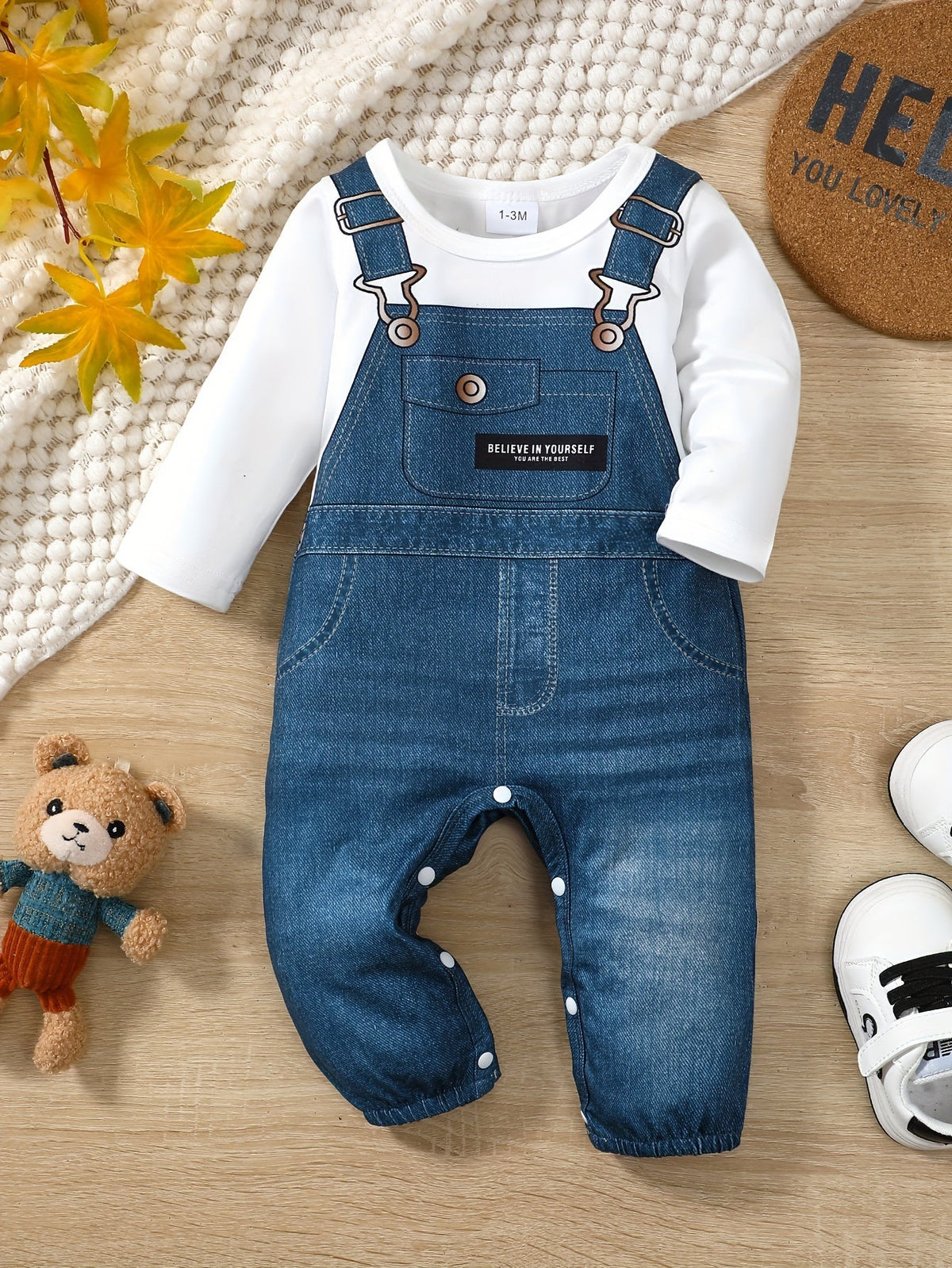 Baby's Cartoon Imitation Denim Jumpsuit – Long Sleeve Romper, Casual Style (Toddler & Infant Boy's Outdoor Clothing)