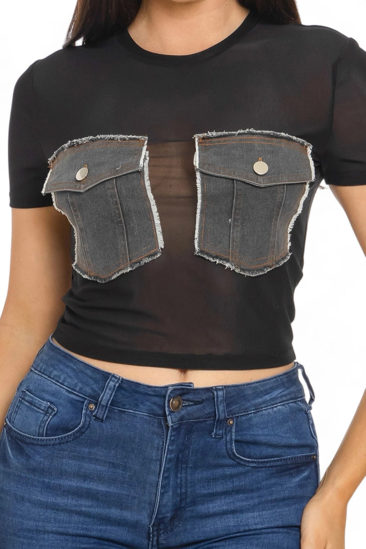 Mesh Front Denim Distressed Button Pockets Top {See Thru}