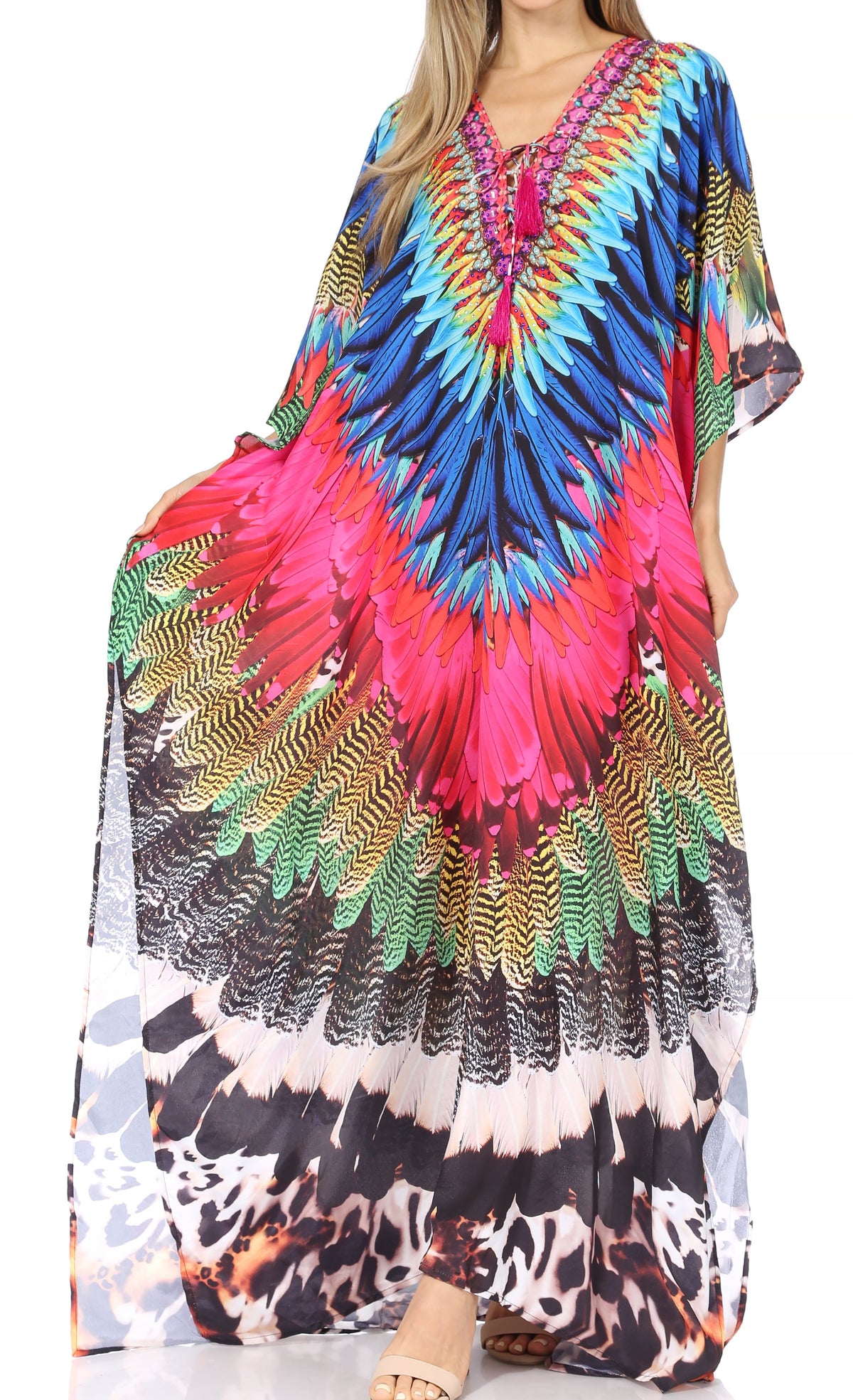 Sakkas Georgettina Flowy Rhinestone V Neck Long Caftan Dress/Cover Up