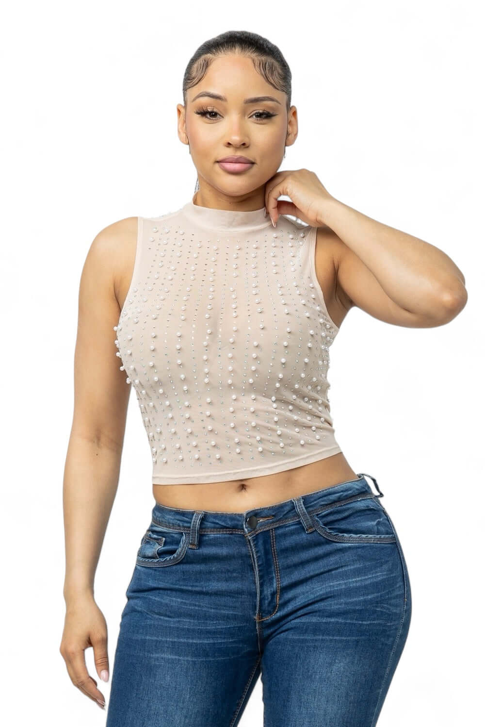 Mesh See Through  Pearls Studs Embellished Top
