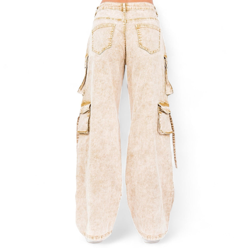 Multiple Pocket Acid Wash Denim Pants- RJH30665
