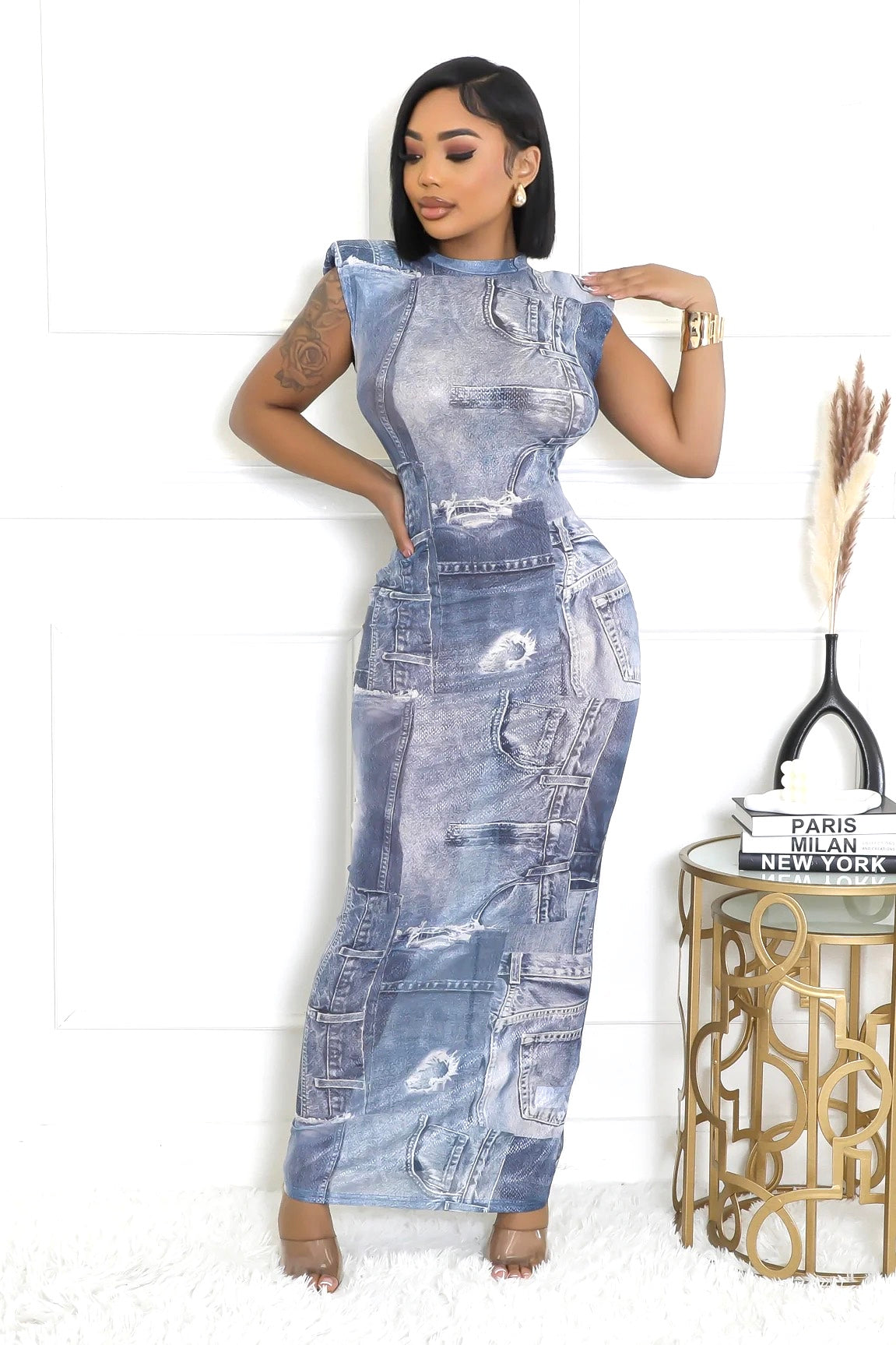 Maxi Denim Illusion  Print Dress {See-Thru}