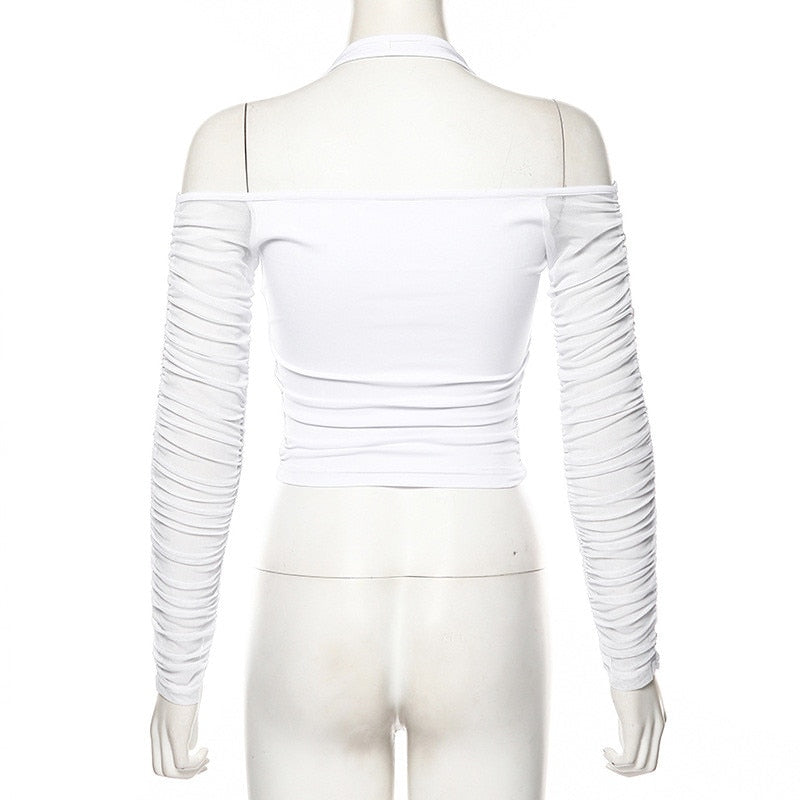Mesh Shirt Women Tshirt Top Autumn Halter V-neck Off the Shoulder T-shirts Streetwear Top