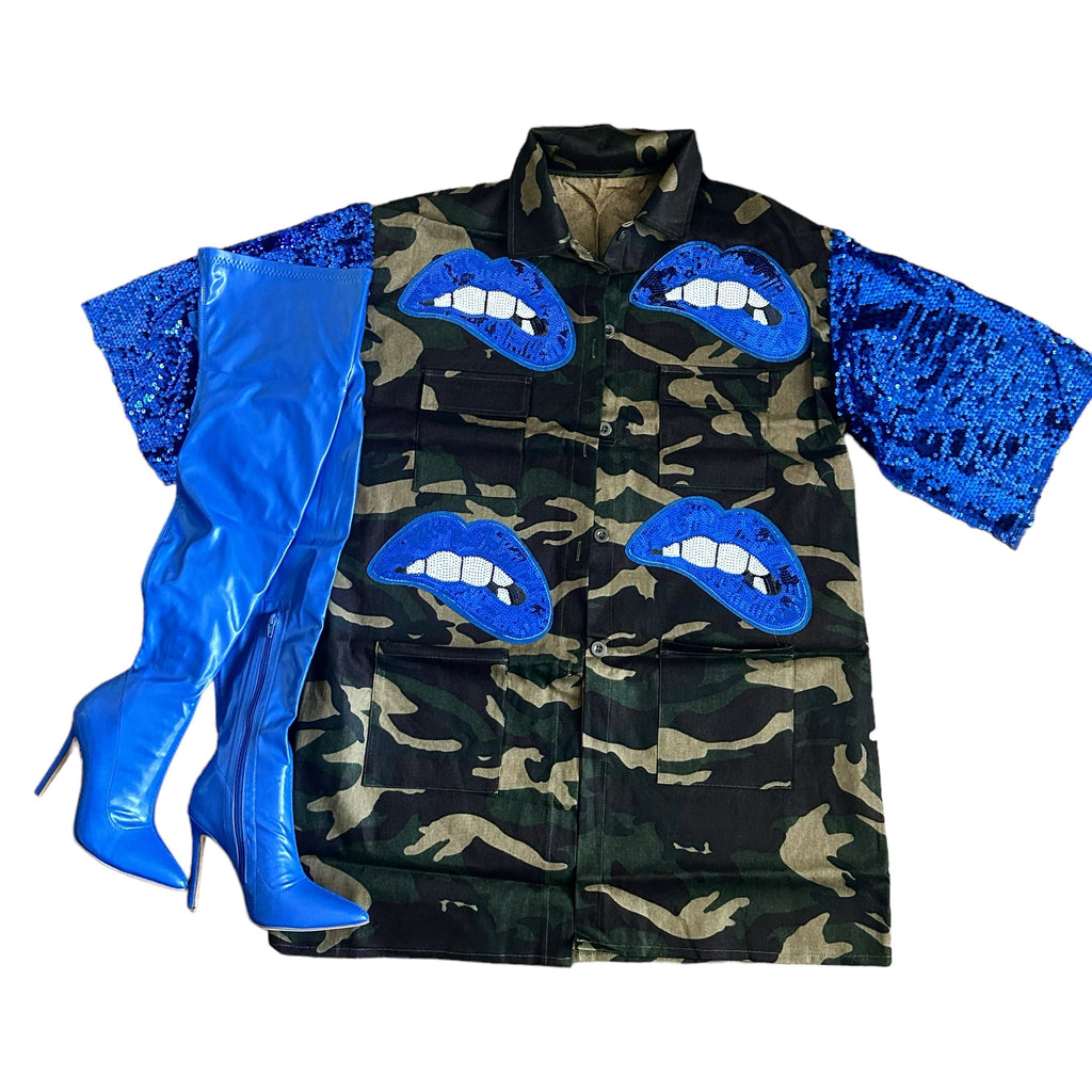 Camouflage Sequin Lips Split Sleeve Jacket
