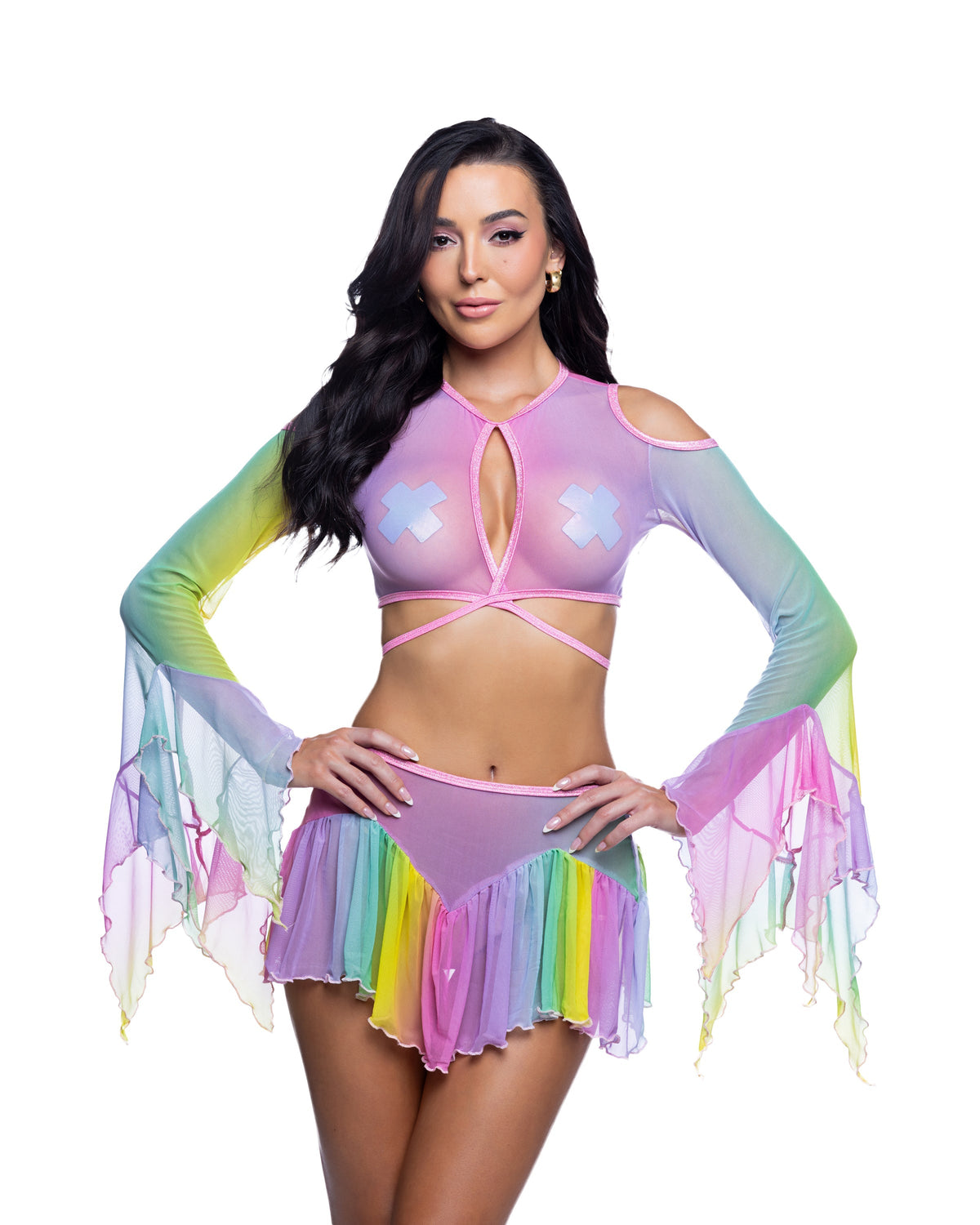 Rainbow Mesh Flow Top & Skirt Set