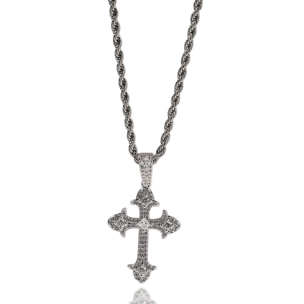 Hip-Hop Diamond-Encrusted Zircon Cross Necklace