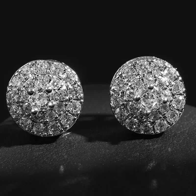 TrendMen Hiphop Rock Round Copper Zirconia Stud Earrings For Men Boy Silver Color Metal Crystal Earring Party Ear Jewelry Gifts
