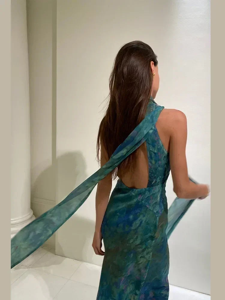 Sexy See Through Deep V Neck Maxi Dress Backless Sleeveless Lace Up Halter Robes Printed Party Vestidos 2025 New Lady Dresses