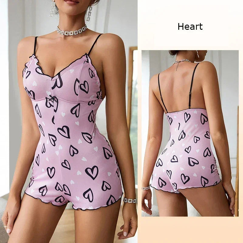 Women's Pajamas One Piece Pajamas Red Lip Printed Sleeveless Pijama Short Onesie Adults V-Neck Suspenders Funny Pajamas Bodysuit
