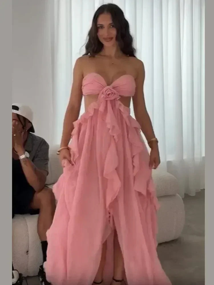 Chic Women Spring Hollow Out 3d Flower Ruffled Hem Long Dress Elegant Off Shoulder Backless Robe 2025 New Lady Street Party Gown