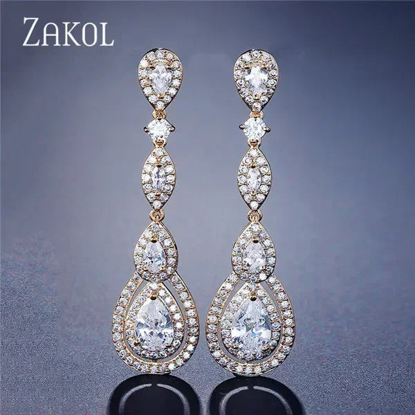 ZAKOL Luxury Water Drop Cubic Zircon Long Dangle Earrings for Women Bridal Wedding Jewelry Dress EP2114