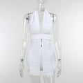 White Deep V-neck Halter Bandage 2 Pieces Sets Sleeveless Backless Suits Outfits with Shorts