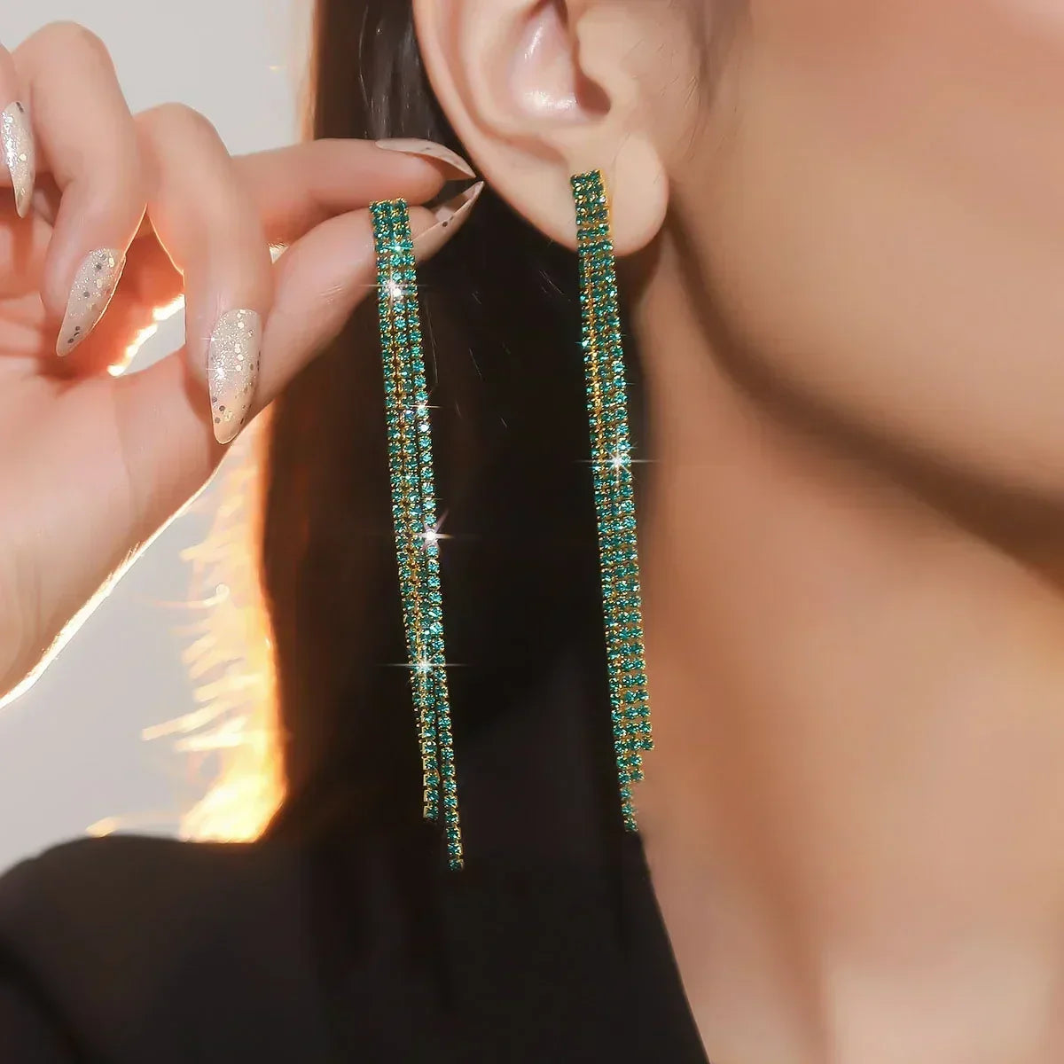 TREAZY Shiny 4 Lines  Rhinestone Crystal Tassel Long Earrings for Women Wedding Party Hanging Dangle Earrings Bridal Brincos