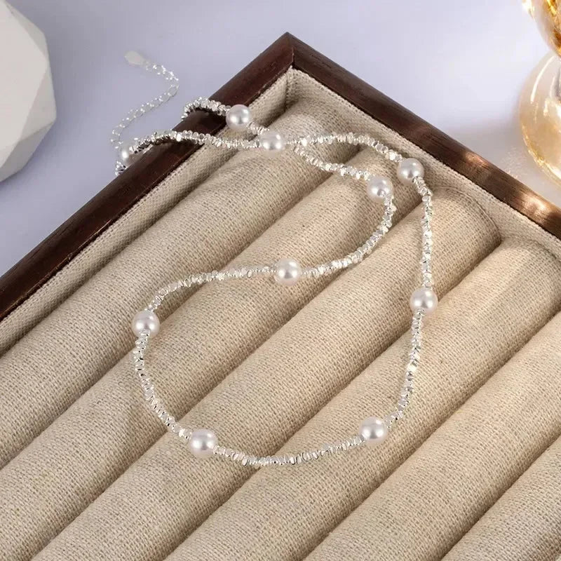 New Trendy Fashion 925 Silver Pearl Simple Elegant Thin Chain Pendant Necklace for Women Girl Jewelry Dropship Wholesale