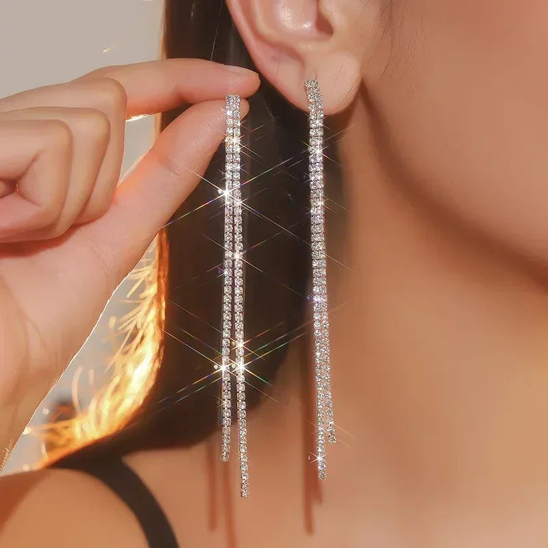 TREAZY Shiny 4 Lines  Rhinestone Crystal Tassel Long Earrings for Women Wedding Party Hanging Dangle Earrings Bridal Brincos