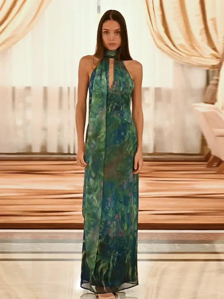 Sexy See Through Deep V Neck Maxi Dress Backless Sleeveless Lace Up Halter Robes Printed Party Vestidos 2025 New Lady Dresses