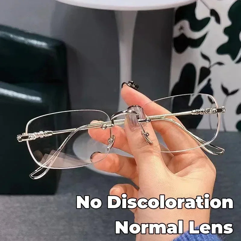 New Fashion Photochromic Myopia Glasses Vintage Rimless Square Women Men Anti Blue Light UV Sunglasses Optical Diopter Eyewear