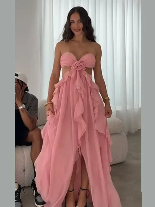 Chic Women Spring Hollow Out 3d Flower Ruffled Hem Long Dress Elegant Off Shoulder Backless Robe 2025 New Lady Street Party Gown
