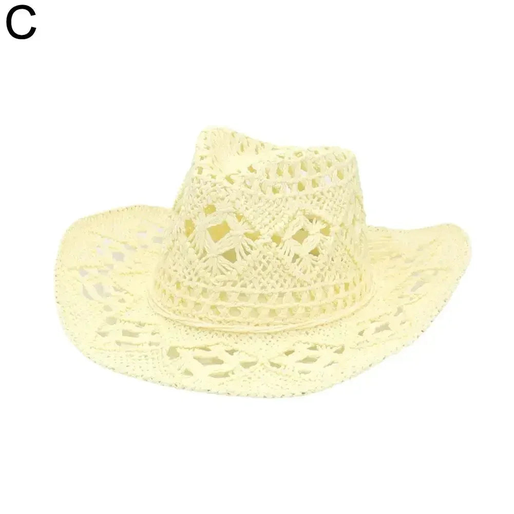 Summer Outdoor Men Women Hand-woven Western Cowboy Straw Hats Wide Brim Breathable Beach Jazz Cap Sun Protection Hat