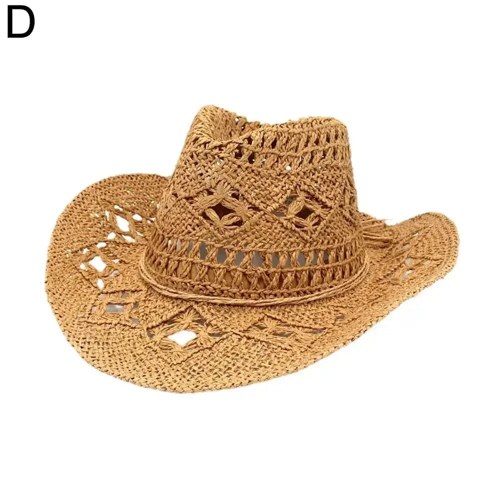 Summer Outdoor Men Women Hand-woven Western Cowboy Straw Hats Wide Brim Breathable Beach Jazz Cap Sun Protection Hat