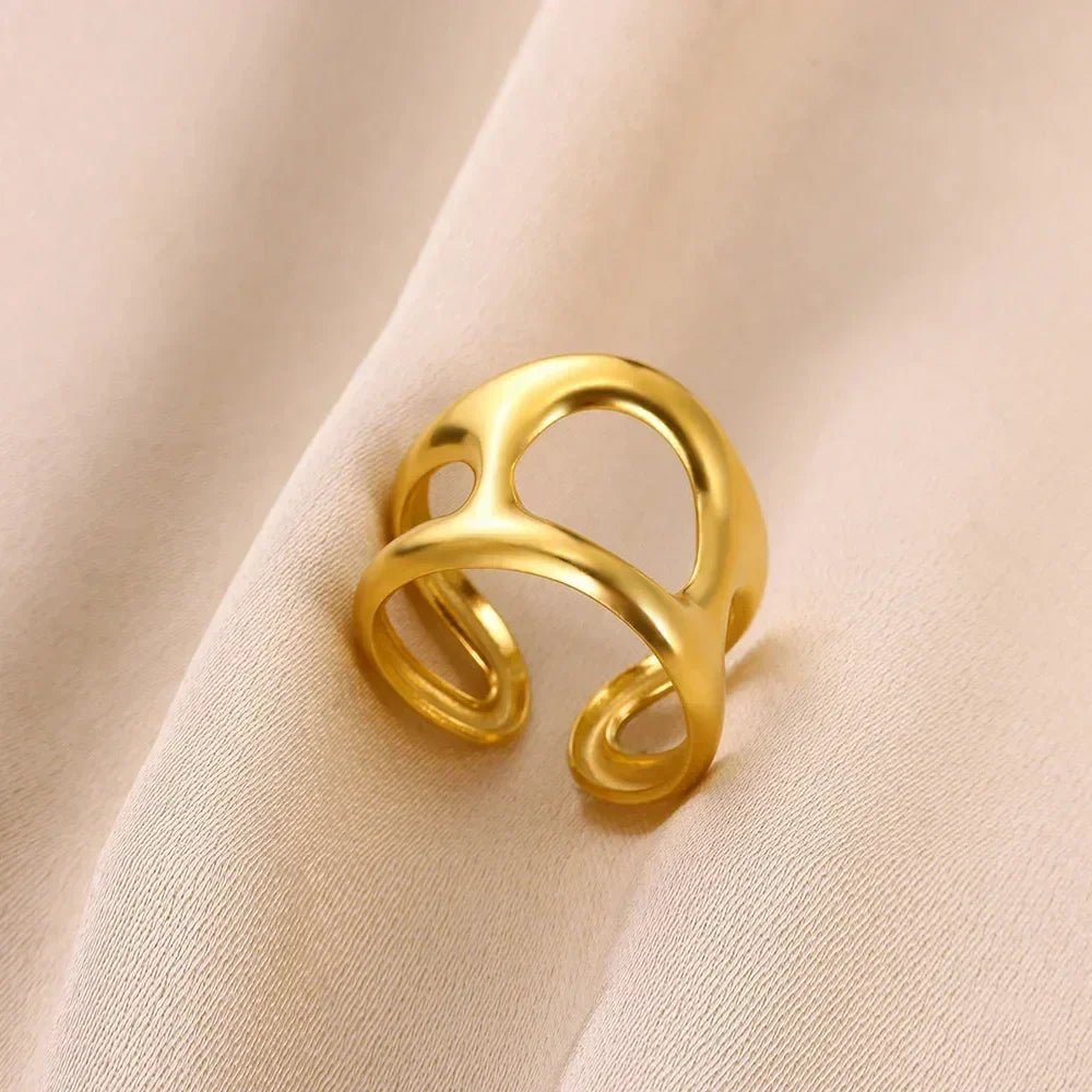 Stainless Steel Flower Open Rings For Women Trend Wedding Heart Jewelry Gold Color Geometric Hollow Ring Daily Accessories Gift