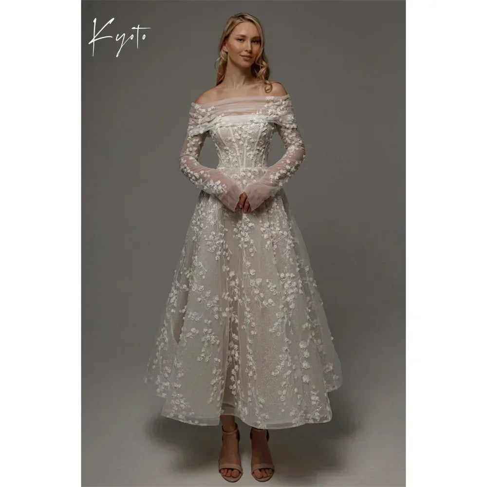 Kyoto Customized Lace Flowers Detachable Long Sleeves Wedding Dress Ankle-Length Glitter vestidos de novia A-Line Formal Gown