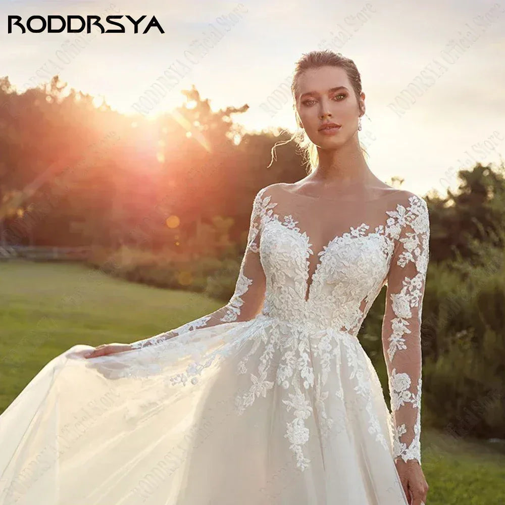 RODDRSYA Customized Wedding Dress Women Long Sleeves Illusion Back Scoop Bride Gown Applique A-Line Tulle Boho vestidos de novia