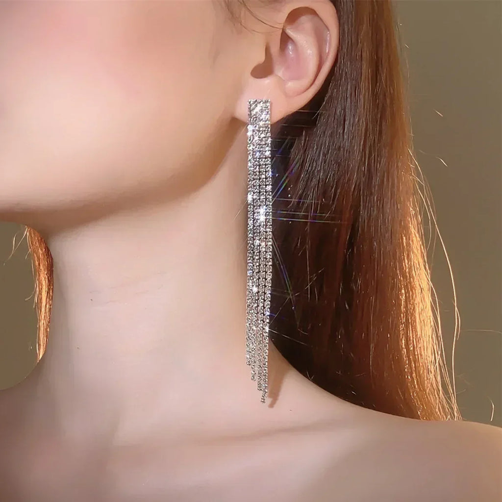 TREAZY Shiny 4 Lines  Rhinestone Crystal Tassel Long Earrings for Women Wedding Party Hanging Dangle Earrings Bridal Brincos