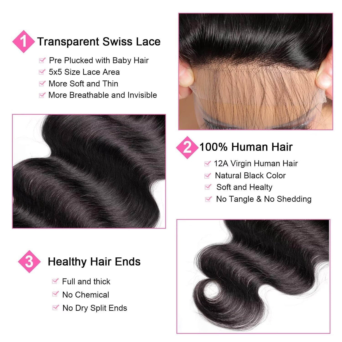 StariaHair 12-20 Inch 5"x5" Transparent Lace Closure Body Wave #1B