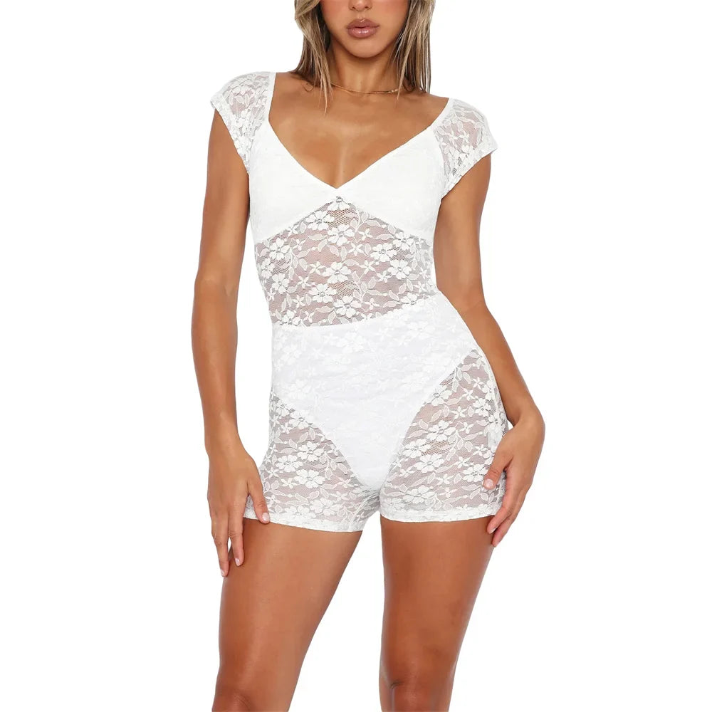 Lace See Through Playsuit Sexy V-neck Short Jumpsuit Romper