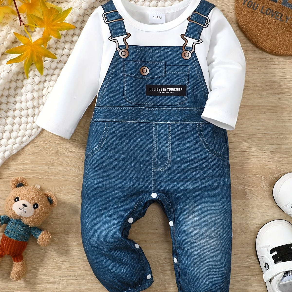 Baby's Cartoon Imitation Denim Jumpsuit – Long Sleeve Romper, Casual Style (Toddler & Infant Boy's Outdoor Clothing)