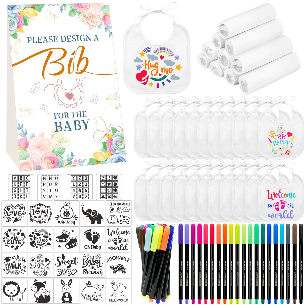 Aisharery Bibs Baby Shower Games Sign Set | Baby Feeder Bibs | Newborn Gifts Fabric Marker Stencils Kit - # BAAA21110035