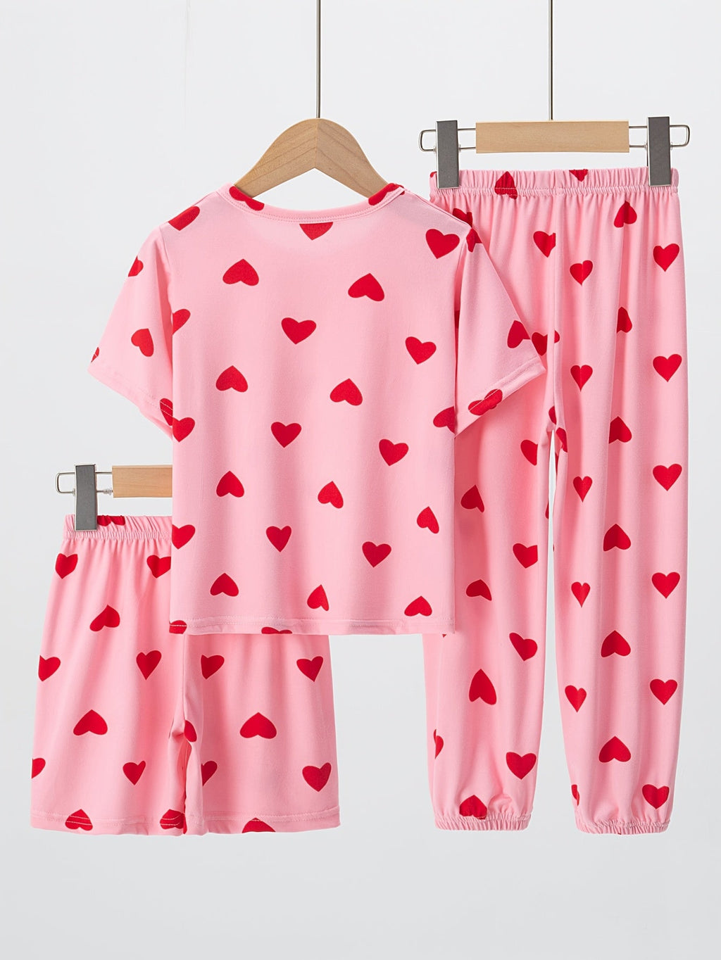 3-Piece Girls' Flame-Resistant Pajama Set — Pink Heart Print Short Sleeve Top + Shorts + Long Pants, Loose-Fit Lightweight Breathable Sleepwear for Kids Ages 4-13