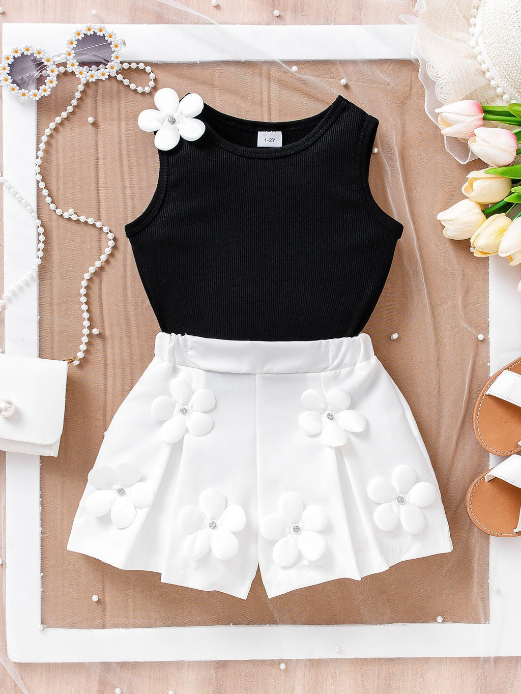 Sleeveless Top 3D Floral Shorts Two-piece Set