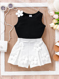 Sleeveless Top 3D Floral Shorts Two-piece Set