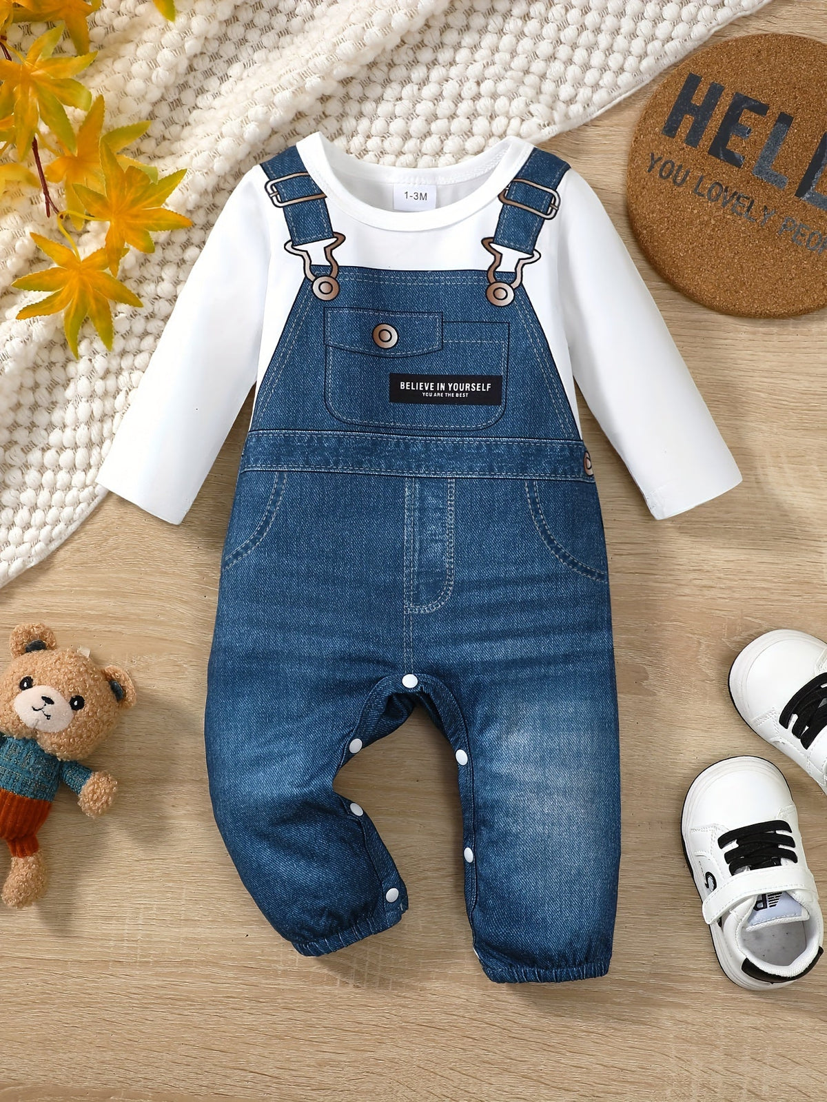 Baby's Cartoon Imitation Denim Jumpsuit – Long Sleeve Romper, Casual Style (Toddler & Infant Boy's Outdoor Clothing)