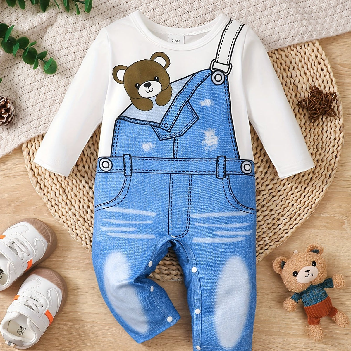 Baby's Cartoon Imitation Denim Jumpsuit – Long Sleeve Romper, Casual Style (Toddler & Infant Boy's Outdoor Clothing)